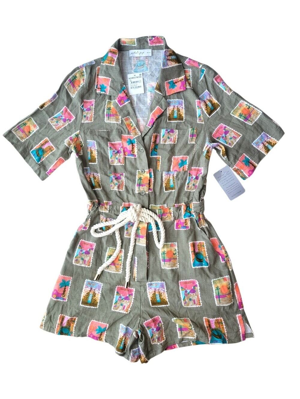 Petal & Pup Everlee Postcard Print Romper Olive Green Small NWT